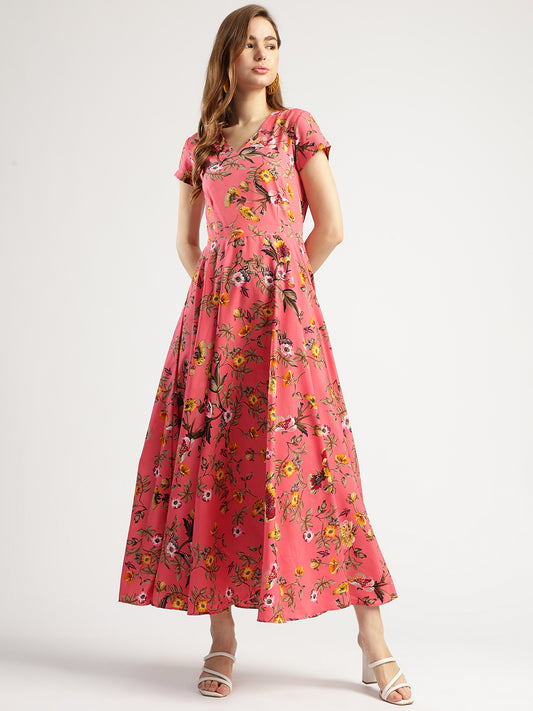 Floral Print Maxi Dress for Women, Pink, Fit and Flare Style