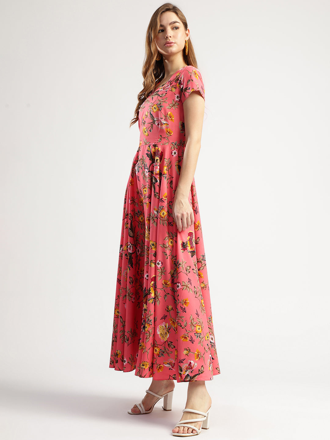 Floral Print Maxi Dress for Women, Pink, Fit and Flare Style