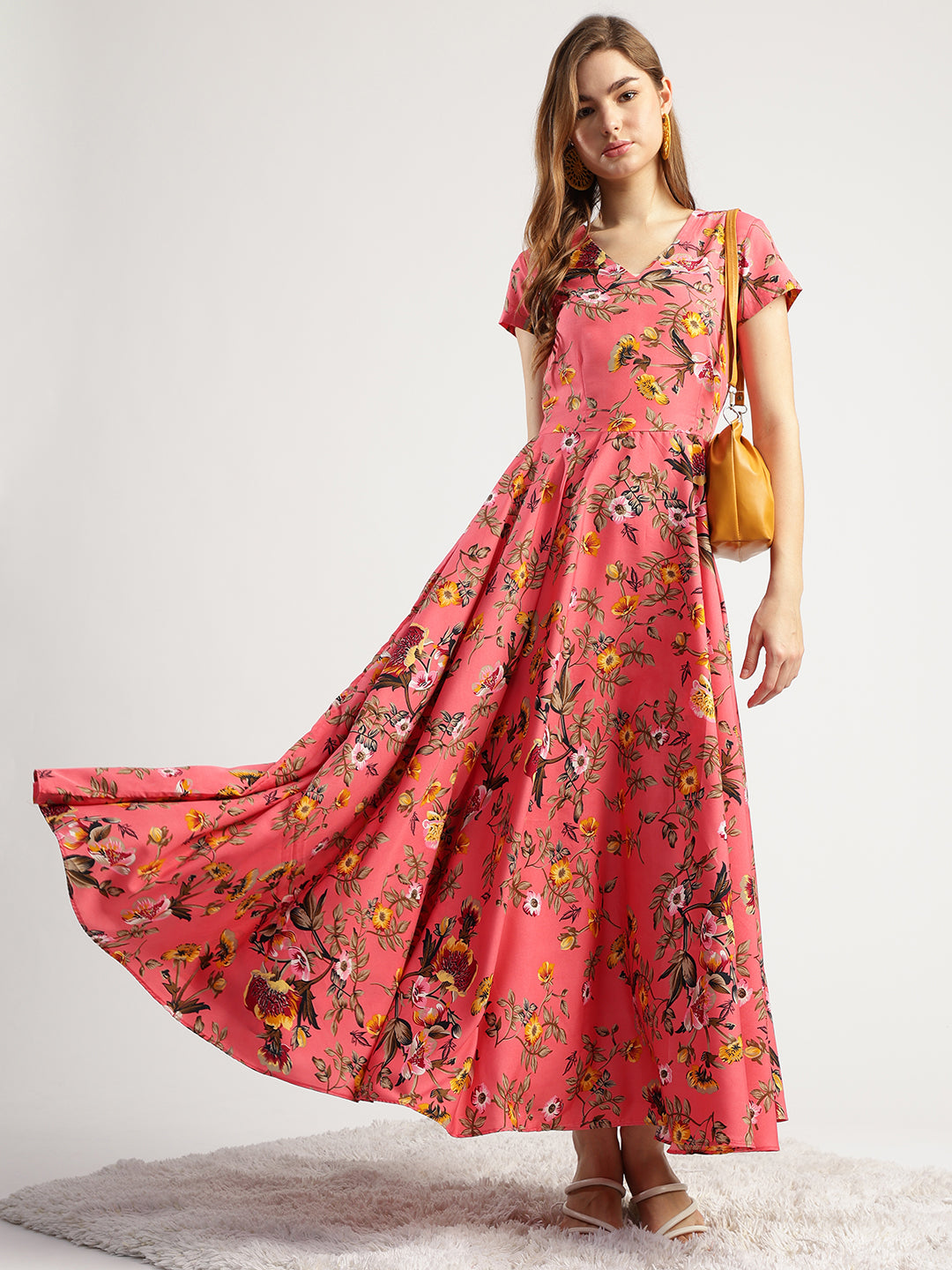 Floral Print Maxi Dress for Women, Pink, Fit and Flare Style
