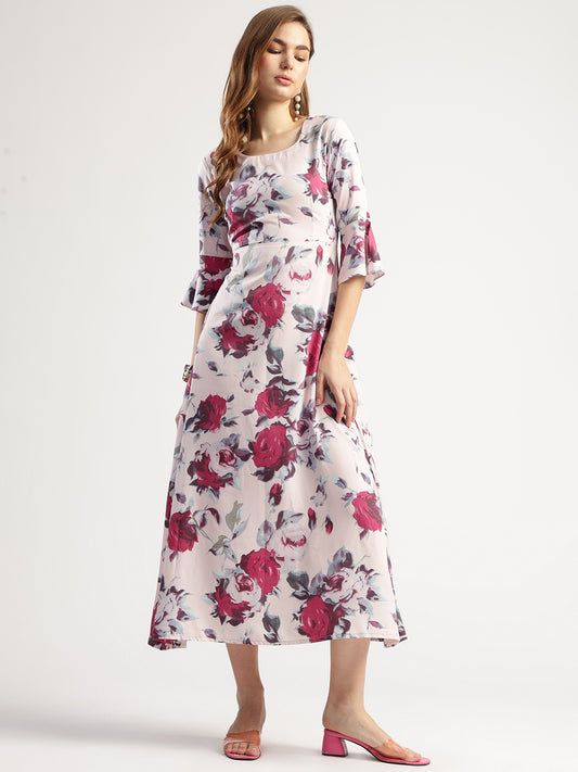 Women's Floral Print Midi Dress with Ruffled Sleeves, Rounk Neck