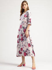Women's Floral Print Midi Dress with Ruffled Sleeves, Rounk Neck