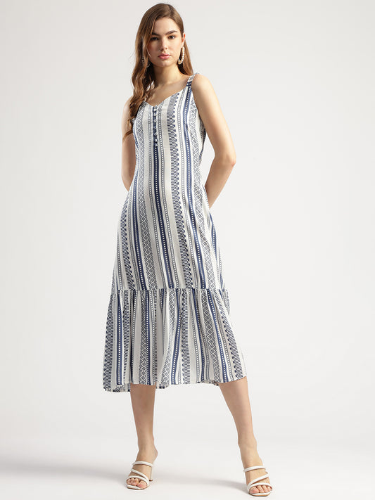 Women's Navy Blue and White Printed Sleeveless Cotton Midi Dress