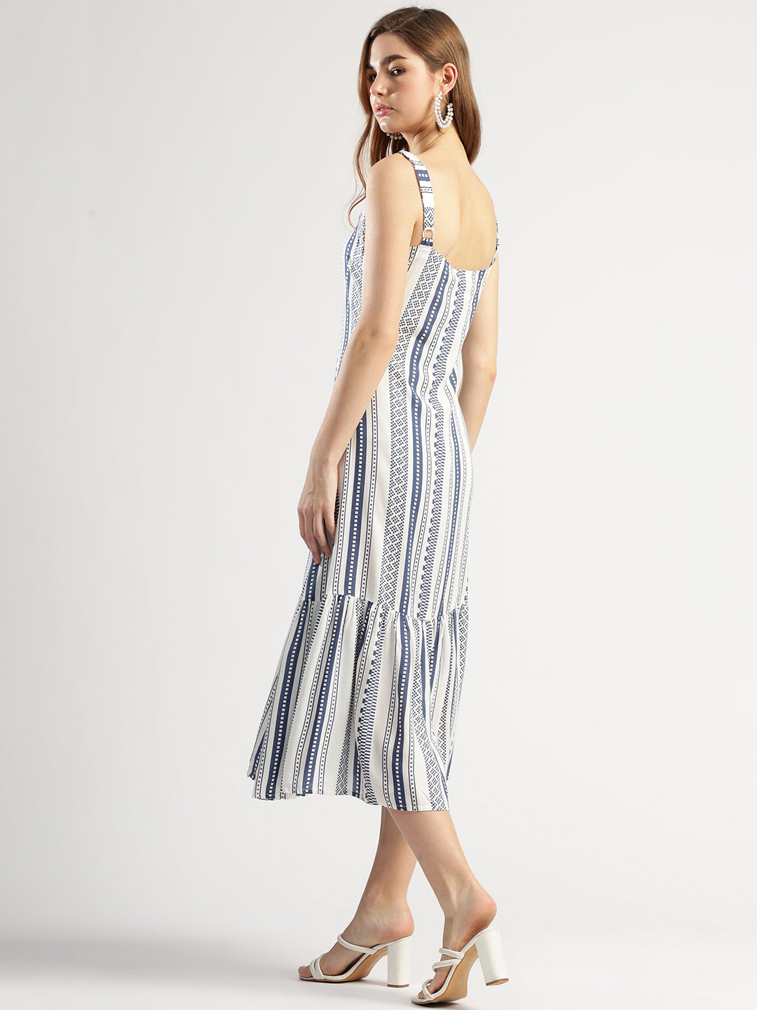 Women's Navy Blue and White Printed Sleeveless Cotton Midi Dress