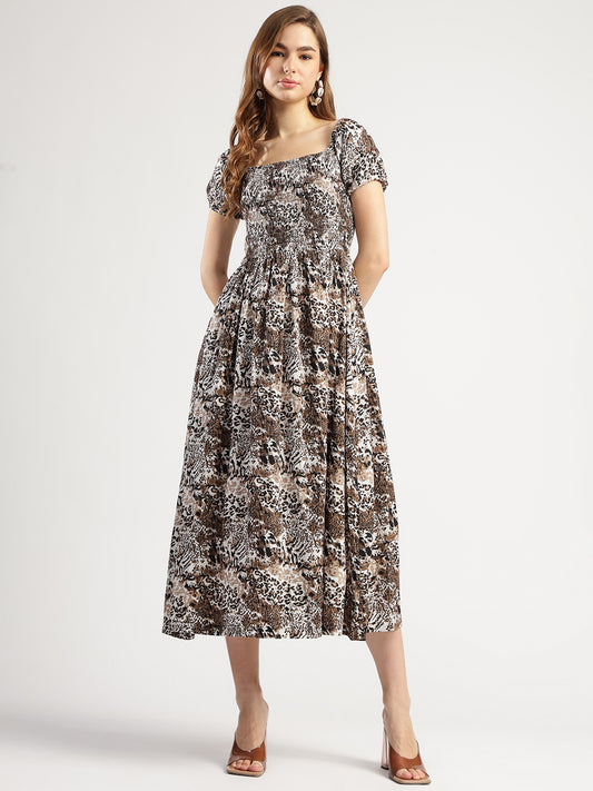 Women's Floral Print Midi Dress with Short Sleeves, Smoked Dress with Tiger Print