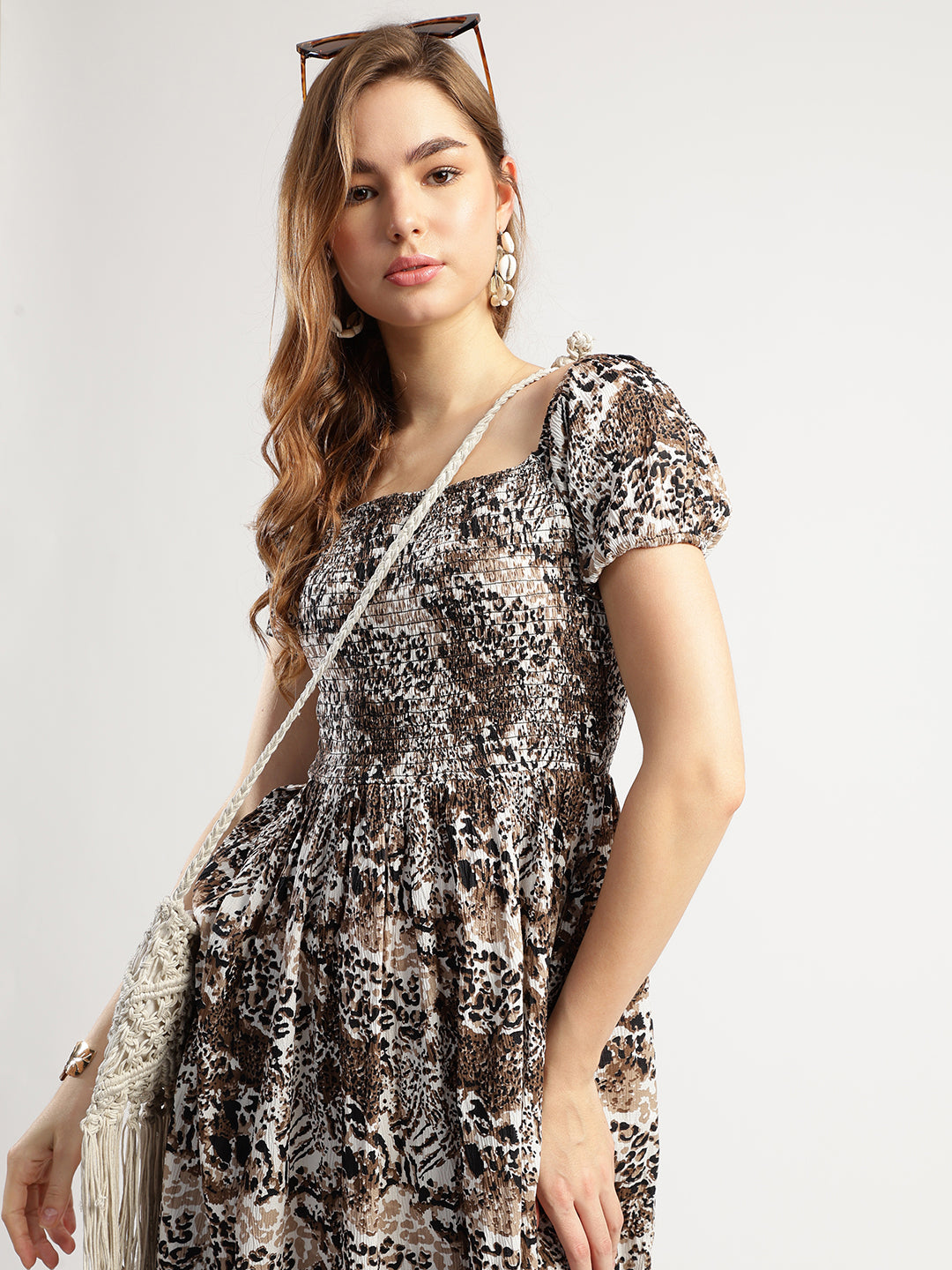 Women's Floral Print Midi Dress with Short Sleeves, Smoked Dress with Tiger Print