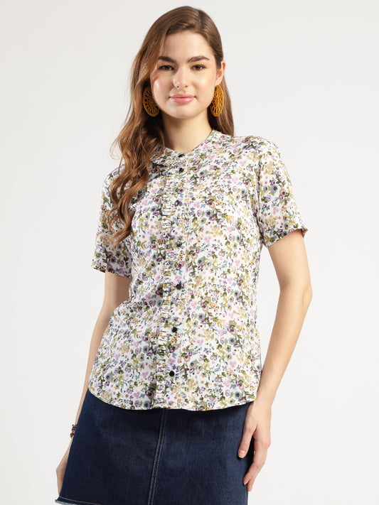 Women's Button Down Shirt, Short Sleeve, Round Neck, Multicolour