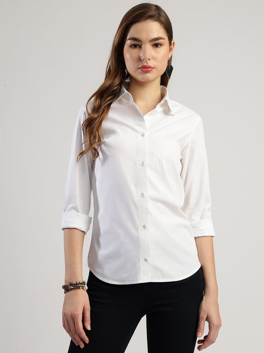 Women's White Button Down Shirt, Long Sleeve, Round Neck