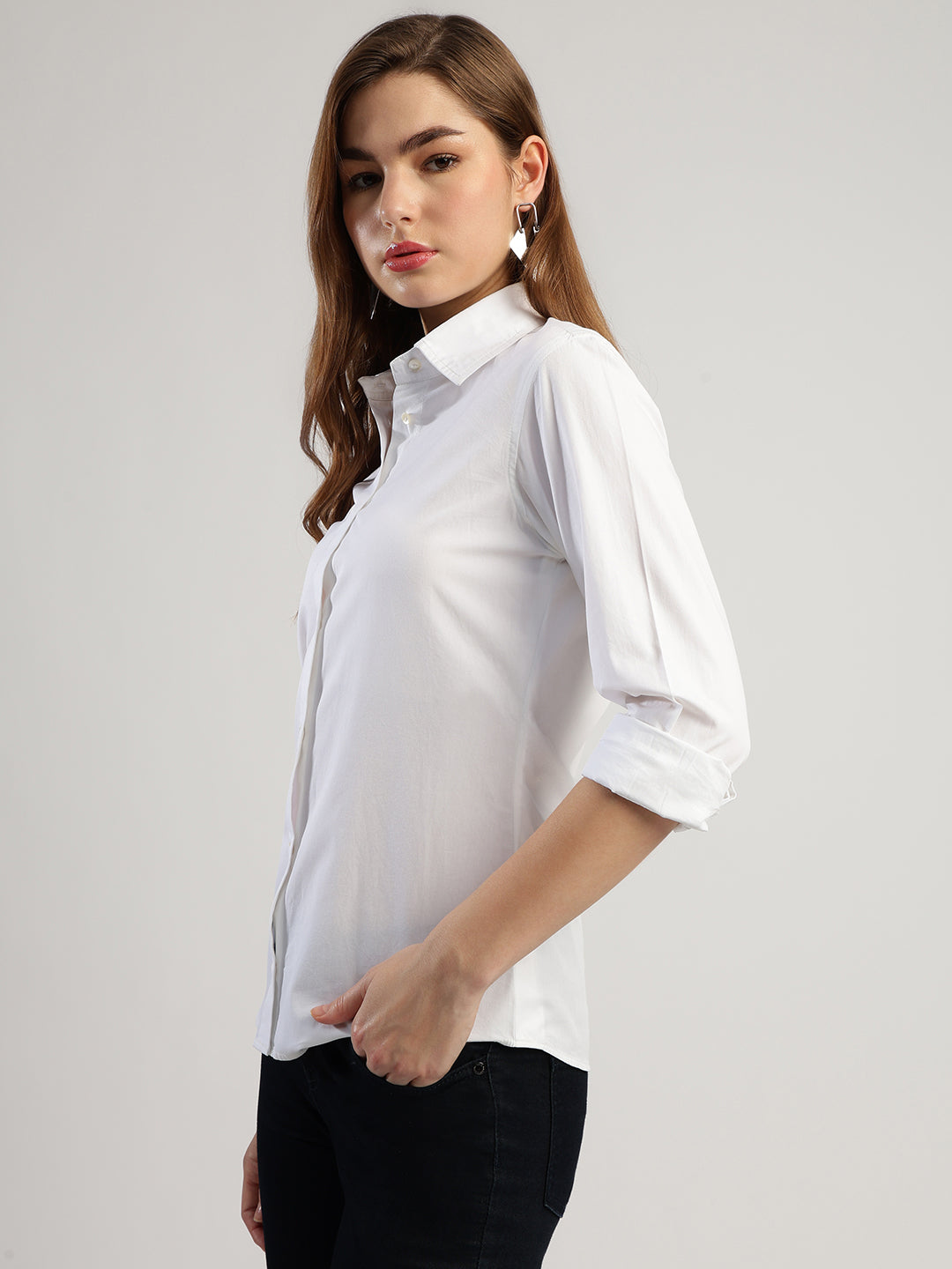 Women's White Button Down Shirt, Long Sleeve, Round Neck