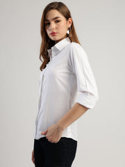 Women's White Button Down Shirt, Long Sleeve, Round Neck