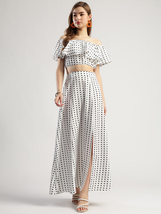 Women's Polka Dot Off-Shoulder Crop Top and Long Skirt Set, White and Black