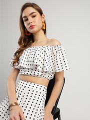 Women's Polka Dot Off-Shoulder Crop Top and Long Skirt Set, White and Black