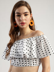 Women's Polka Dot Off-Shoulder Crop Top and Long Skirt Set, White and Black