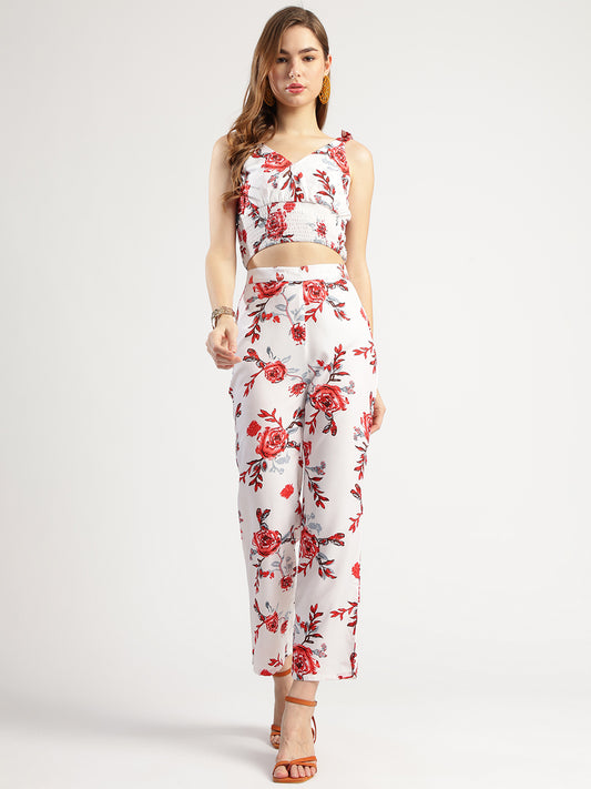 Stylish Women's Floral Print Co-ord Set, White with Red Roses