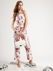 Stylish Women's Floral Print Co-ord Set, White with Red Roses
