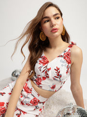 Stylish Women's Floral Print Co-ord Set, White with Red Roses