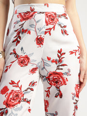Stylish Women's Floral Print Co-ord Set, White with Red Roses