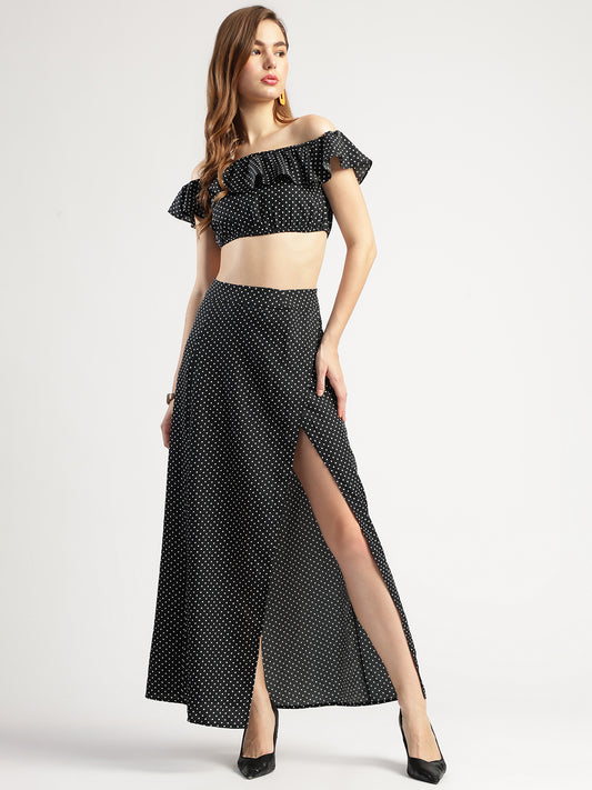 Women's Black Polka Dot Off-Shoulder Crop Top and Long Skirt Set with Matching