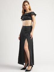 Women's Black Polka Dot Off-Shoulder Crop Top and Long Skirt Set with Matching