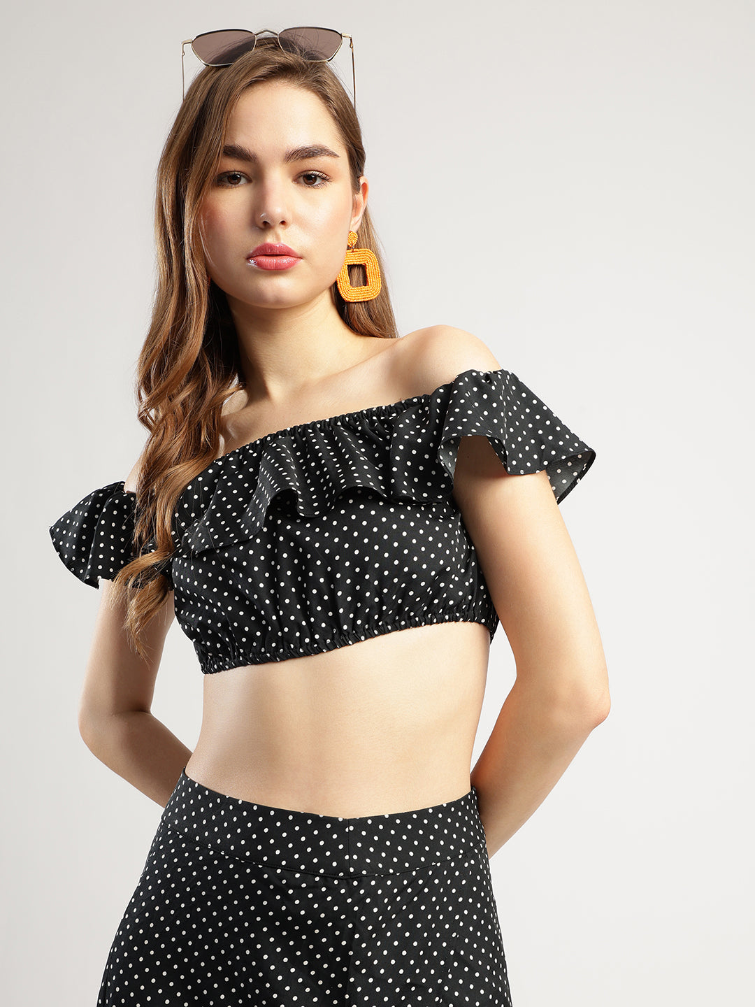 Women's Black Polka Dot Off-Shoulder Crop Top and Long Skirt Set with Matching