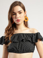 Women's Black Polka Dot Off-Shoulder Crop Top and Long Skirt Set with Matching
