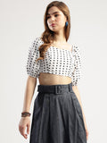 Women's Polka Dot Crop Top with Puff Sleeves, White and Black
