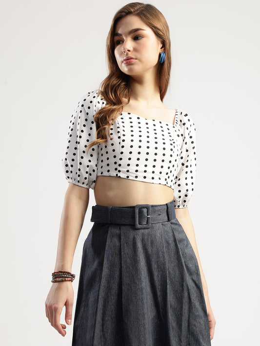 Women's Polka Dot Crop Top with Puff Sleeves, White and Black