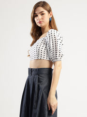 Women's Polka Dot Crop Top with Puff Sleeves, White and Black