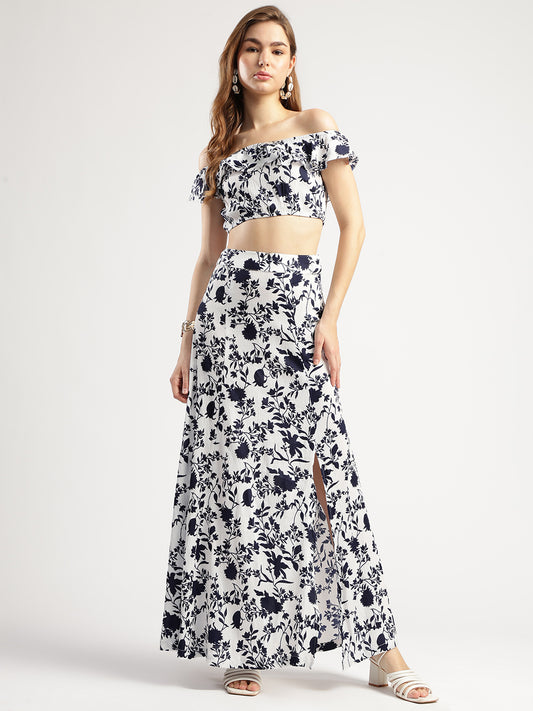 Floral Print Off-Shoulder Crop Top and Long Skirt Set for Women, Navy Blue and White