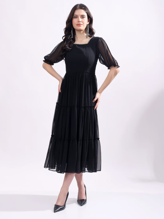 Women's Georgette Enbroidery Dress, Squar Neck With Sleeve, Midi Black Dress