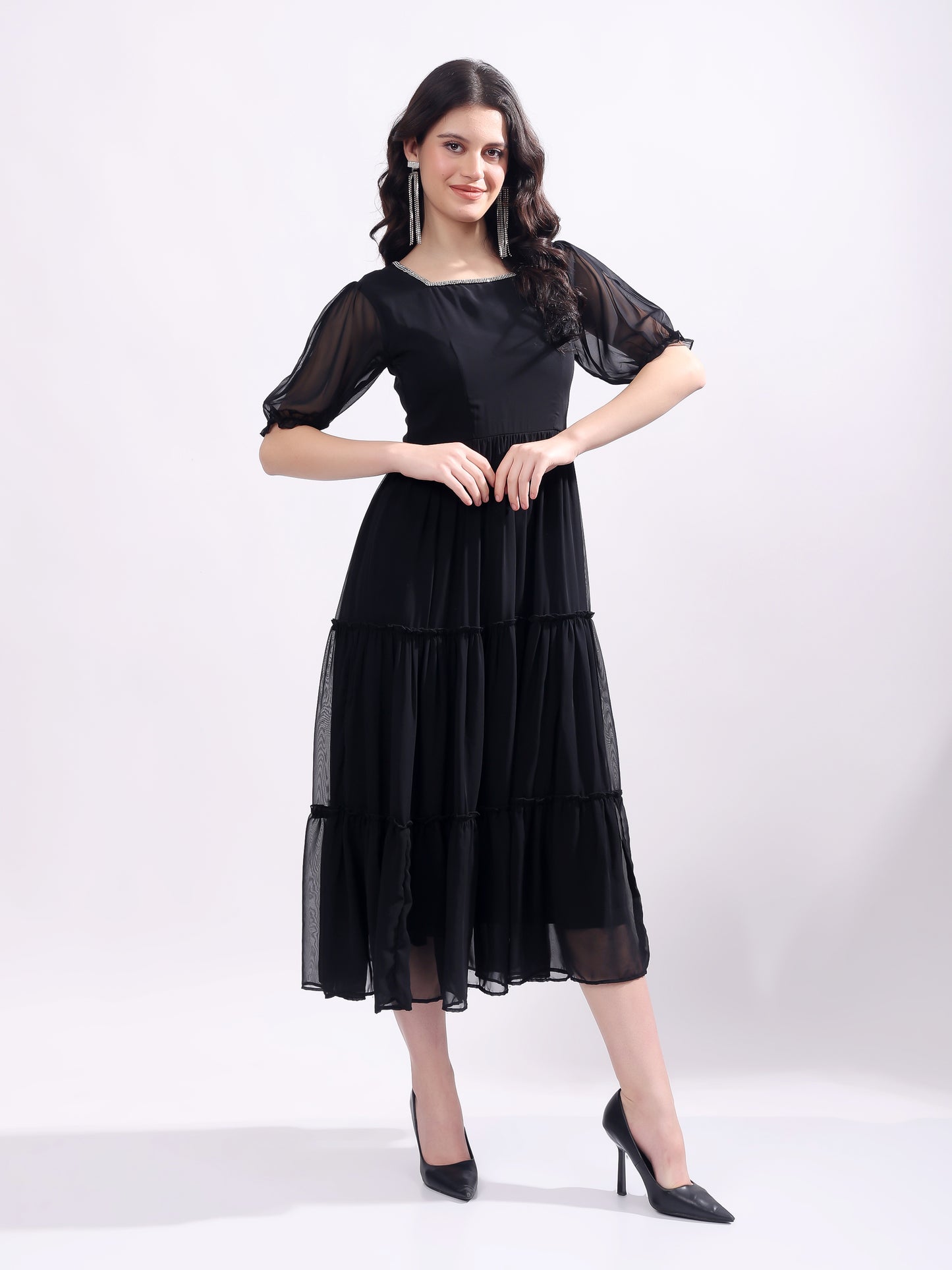 Women's Georgette Enbroidery Dress, Squar Neck With Sleeve, Midi Black Dress