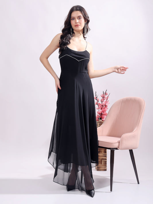 Women's Maxi Georgette  Dress, Sleeveless, Striped Embroidery Pattern