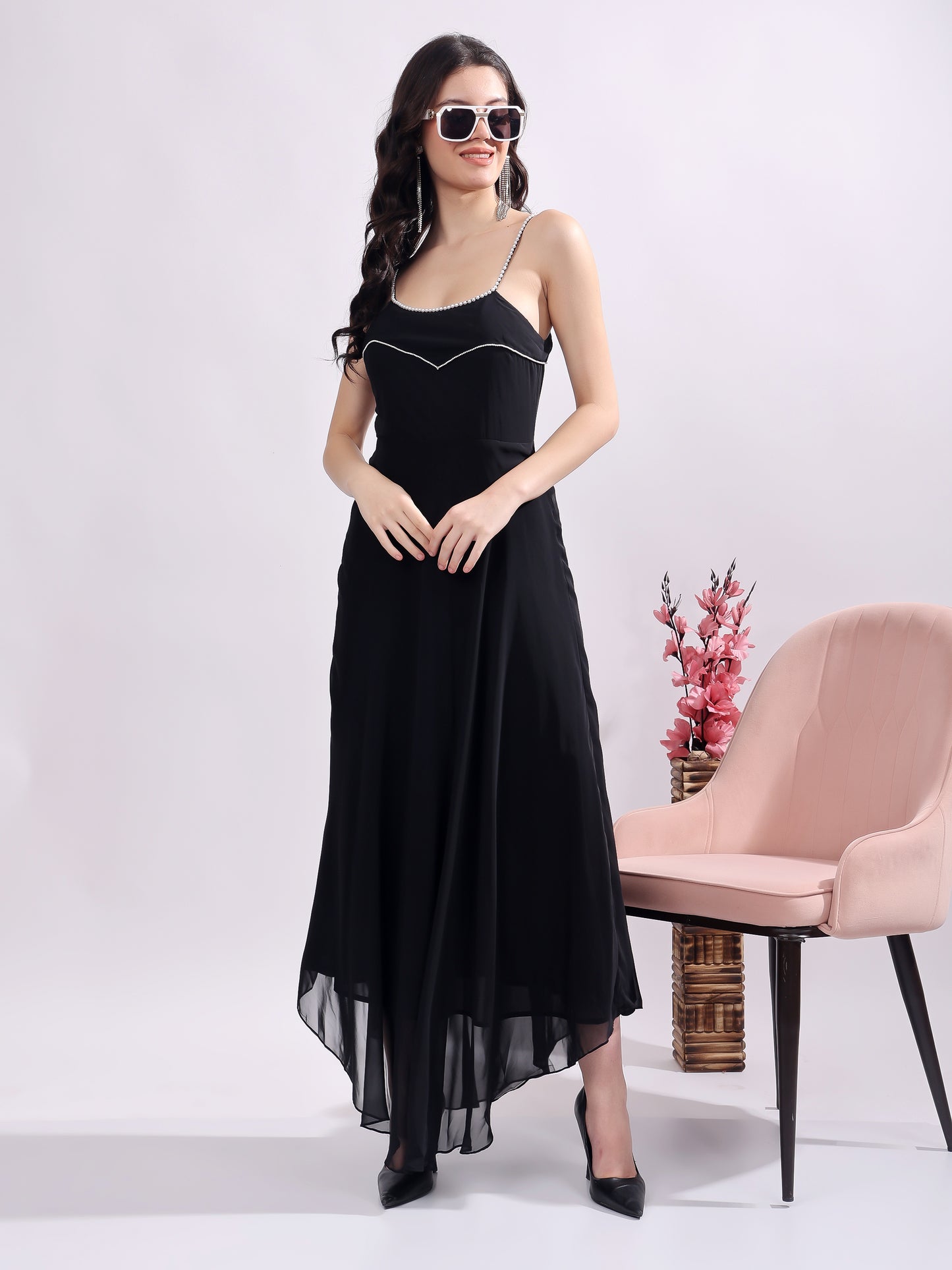 Women's Maxi Georgette  Dress, Sleeveless, Striped Embroidery Pattern