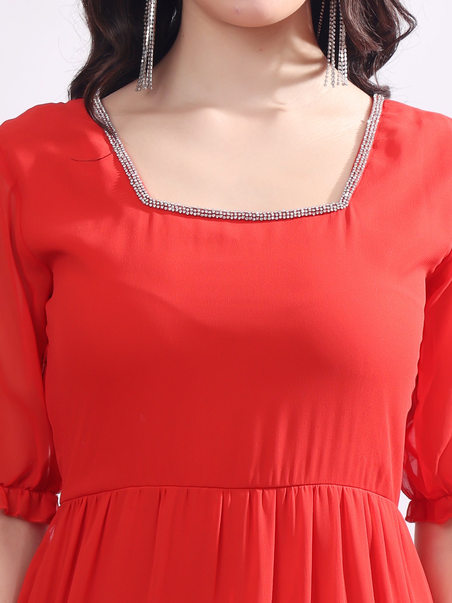 Women's Georgette Enbroidery Dress, Squar Neck With Sleeve, Midi Red Dress
