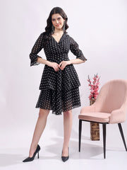 Polka Dots Solid Midi Dress With 3/4 Sleeve V Neck