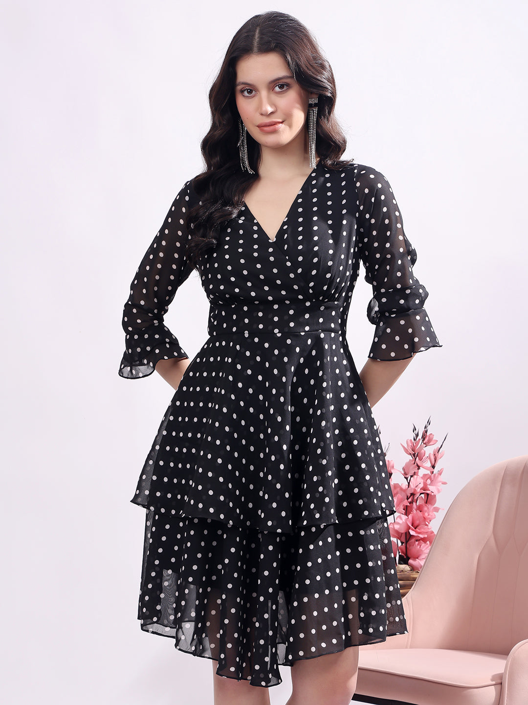Polka Dots Solid Midi Dress With 3/4 Sleeve V Neck