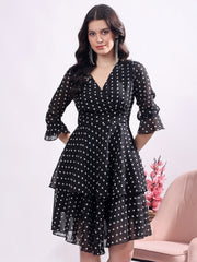 Polka Dots Solid Midi Dress With 3/4 Sleeve V Neck