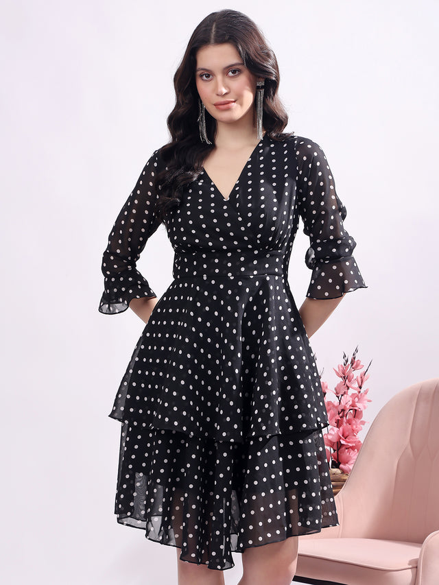 Polka Dots Solid Midi Dress With 3/4 Sleeve V Neck