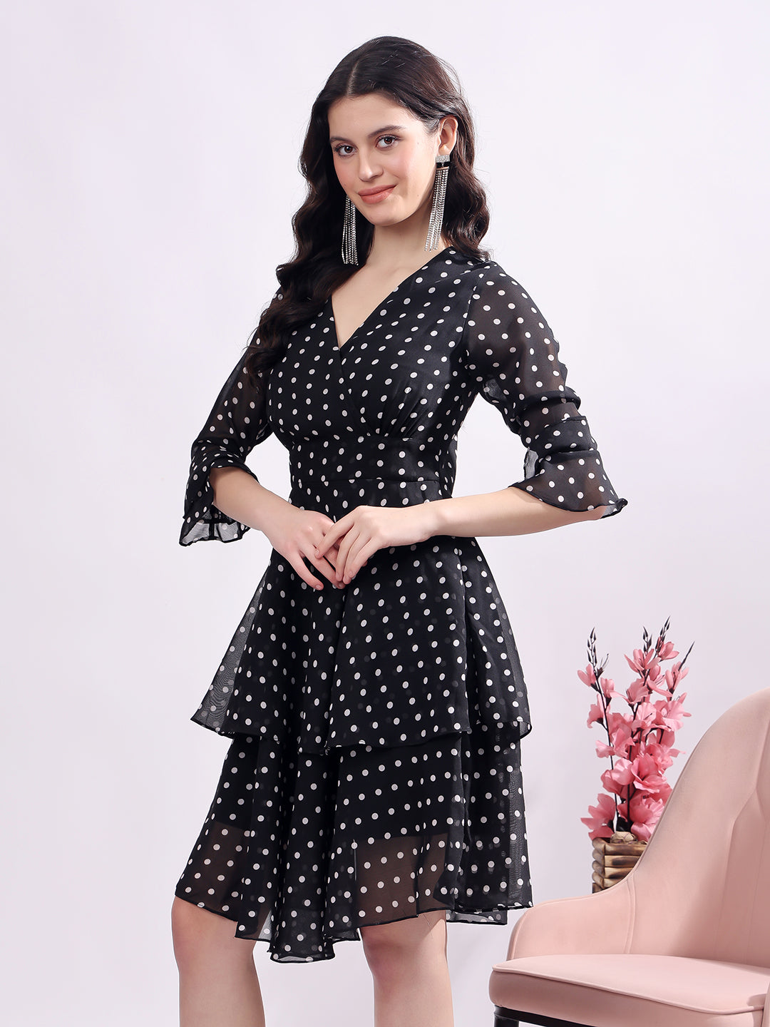 Polka Dots Solid Midi Dress With 3/4 Sleeve V Neck