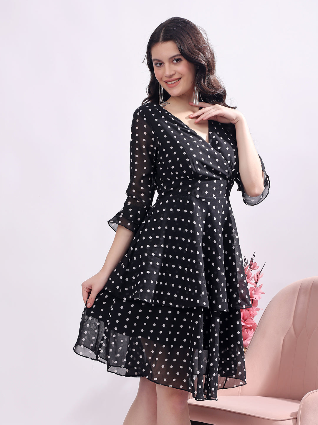Polka Dots Solid Midi Dress With 3/4 Sleeve V Neck
