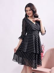 Polka Dots Solid Midi Dress With 3/4 Sleeve V Neck