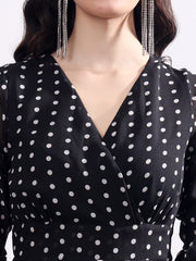 Polka Dots Solid Midi Dress With 3/4 Sleeve V Neck