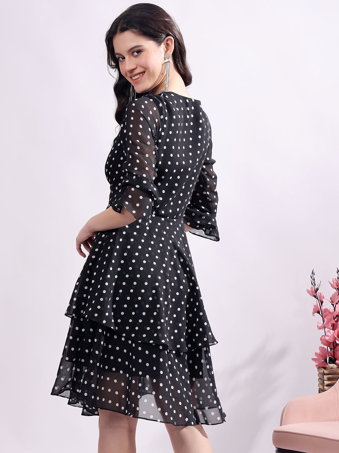 Polka Dots Solid Midi Dress With 3/4 Sleeve V Neck