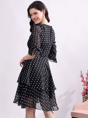 Polka Dots Solid Midi Dress With 3/4 Sleeve V Neck