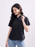 Black Button Down Shirt Short Sleeve With Embroidery Work