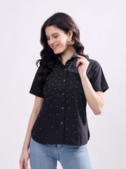Black Button Down Shirt Short Sleeve With Embroidery Work