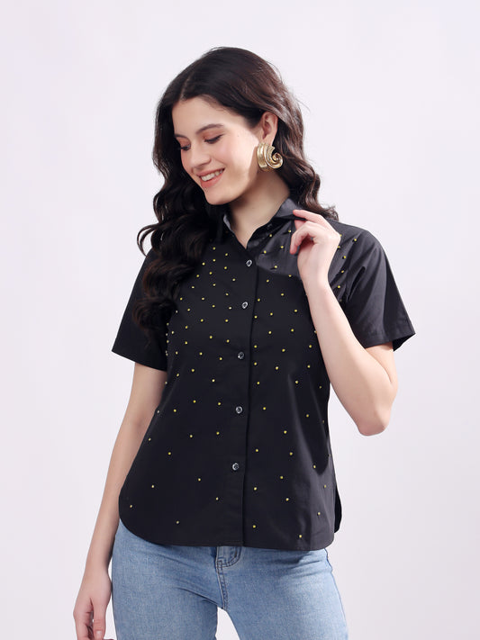 Black Button Down Shirt Short Sleeve With Embroidery Work