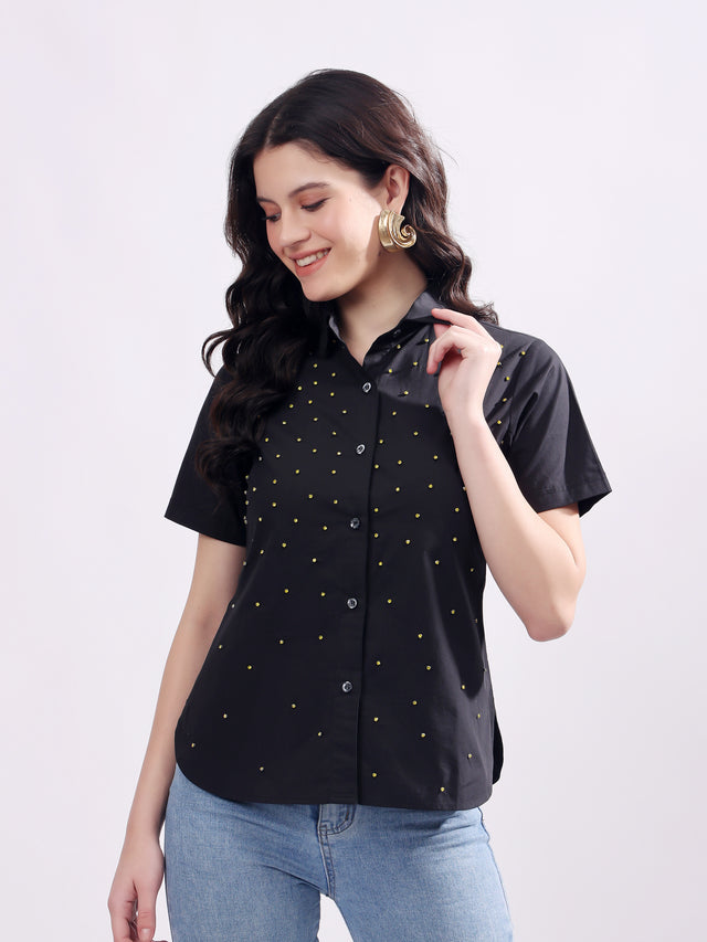 Black Button Down Shirt Short Sleeve With Embroidery Work