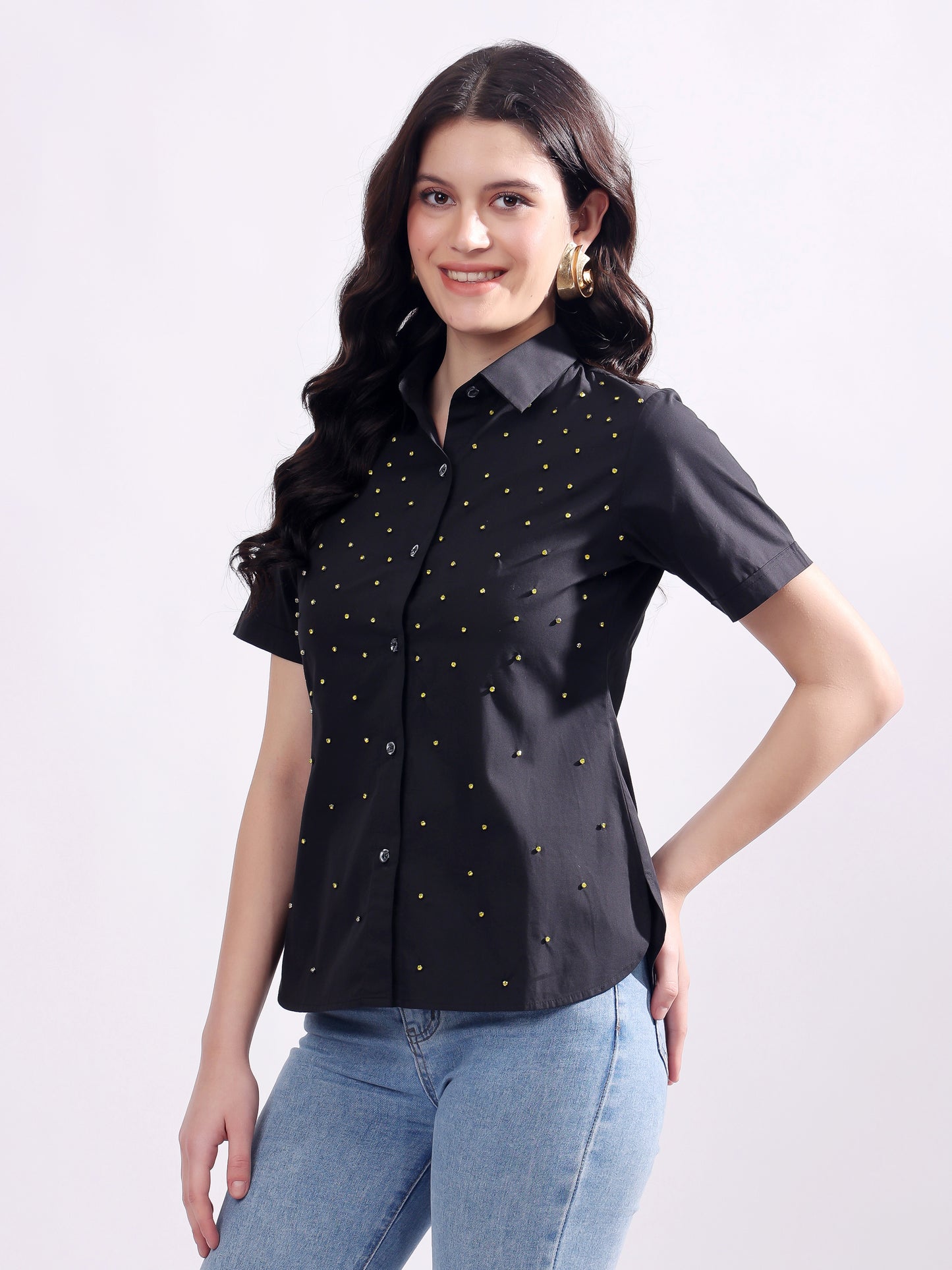 Black Button Down Shirt Short Sleeve With Embroidery Work