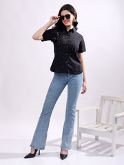 Black Button Down Shirt Short Sleeve With Embroidery Work