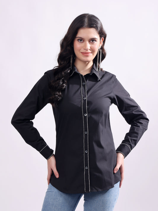 Black Button Down Shirt Long Sleeve With Embroidery Work